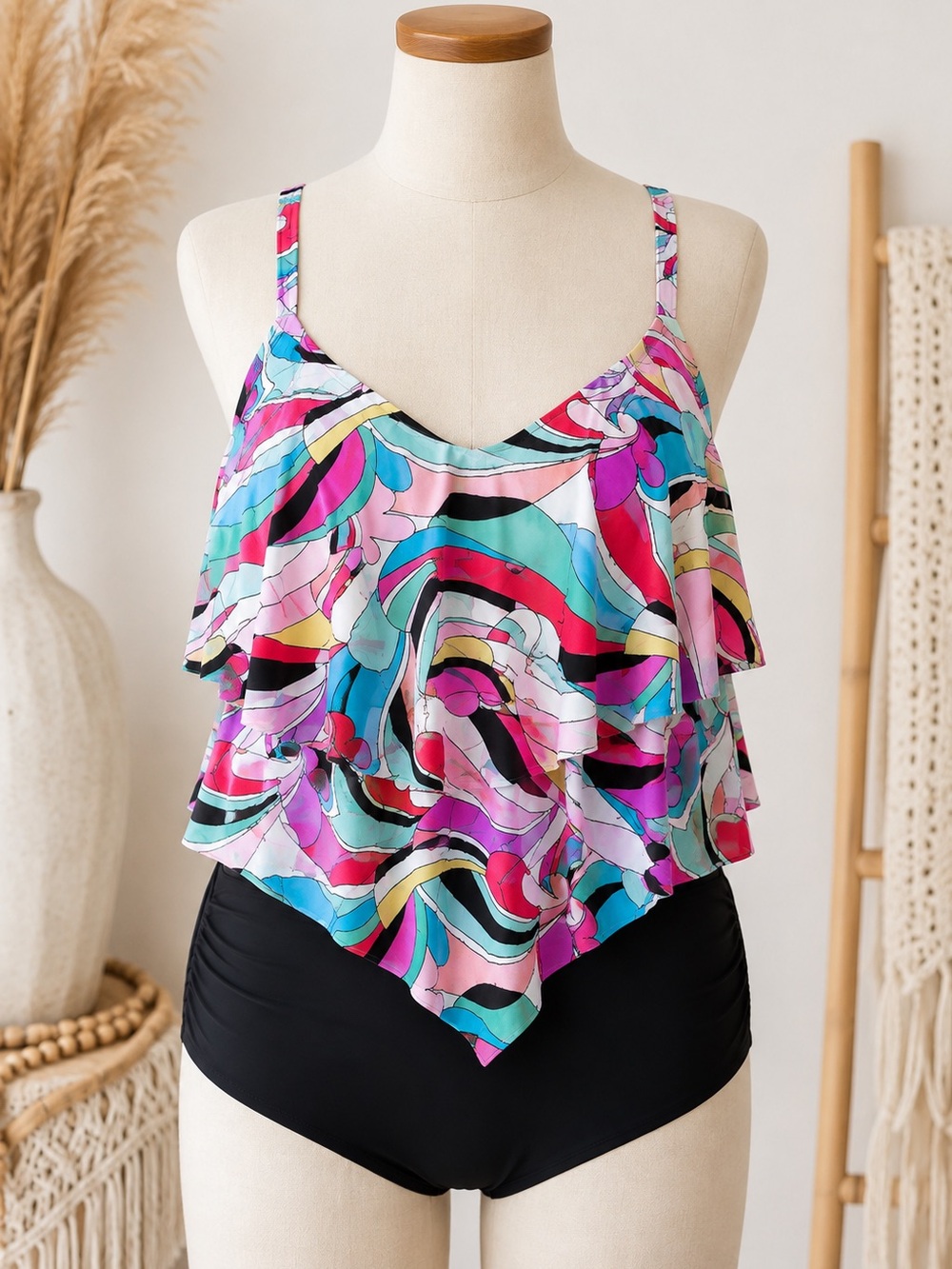 Beach House Swim 22W Pucci-Inspired Abstract Ruffle Tankini Top PaddedBra Layers